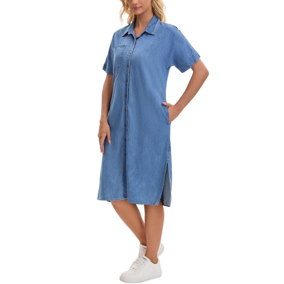 INSPIRE CHIC Women's Denim Shirt Dress Short Sleeve Button Down Midi Casual Dress L Sky Blue