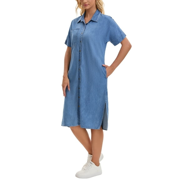INSPIRE CHIC Women's Denim Shirt Dress Short Sleeve Button Down Midi Casual Dress M Sky Blue