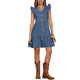 thumbnail image 1 of INSPIRE CHIC Women's Denim Dress Summer V Neck Cap Ruffle Sleeve Button Down Flowy Swing Babydoll A Line Dress XS Blue, 1 of 6