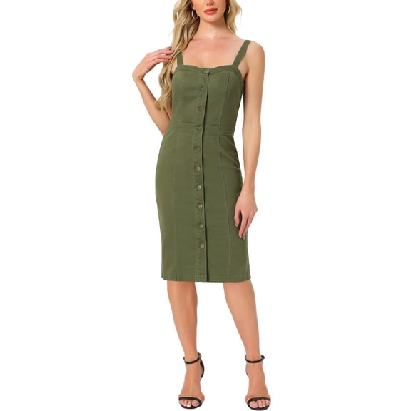 INSPIRE CHIC Women's Denim Dresses Button Down Sleeveless Sweetheart Neck Midi Jean Dresses S Dark Green