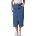 thumbnail image 1 of INSPIRE CHIC Women's Denim Front Slit Raw Hem High Waisted Stretch Midi Jean Skirts L Blue, 1 of 6