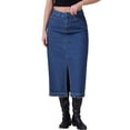 thumbnail image 1 of INSPIRE CHIC Women's Denim Front Slit Raw Hem High Waisted Stretch Midi Jean Skirts L Dark Blue, 1 of 6