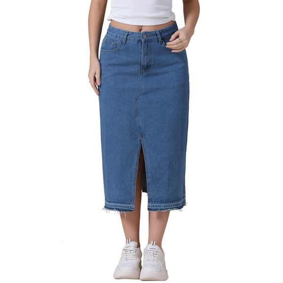INSPIRE CHIC Women's Denim Front Slit Raw Hem High Waisted Stretch Midi Jean Skirts M Blue