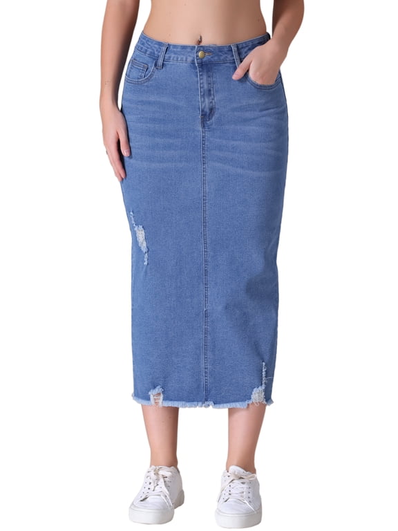 Women's Denim High Waisted Stretch Ripped Raw Hem Split Casual Midi Pencil Jean Skirts L Light Blue