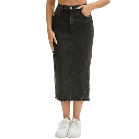 INSPIRE CHIC Women's Denim High Waisted Stretch Ripped Raw Hem Split Casual Midi Pencil Jean Skirts M Black