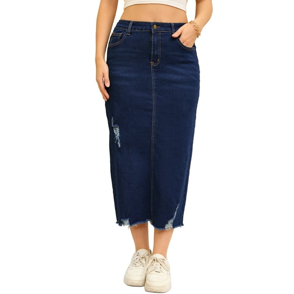 INSPIRE CHIC Women's Denim High Waisted Stretch Ripped Raw Hem Split Casual Midi Pencil Jean Skirts S Dark Blue