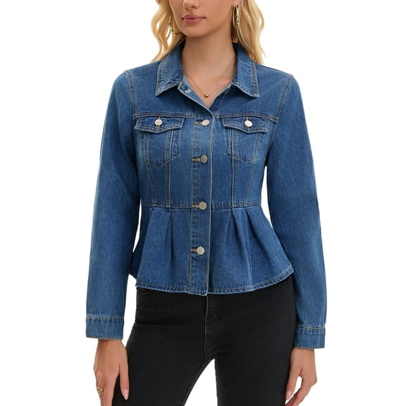 INSPIRE CHIC Women's Denim Jacket Button Down Collar Ruffle Hem with Pockets Peplum Jean Jackets 2XL Blue