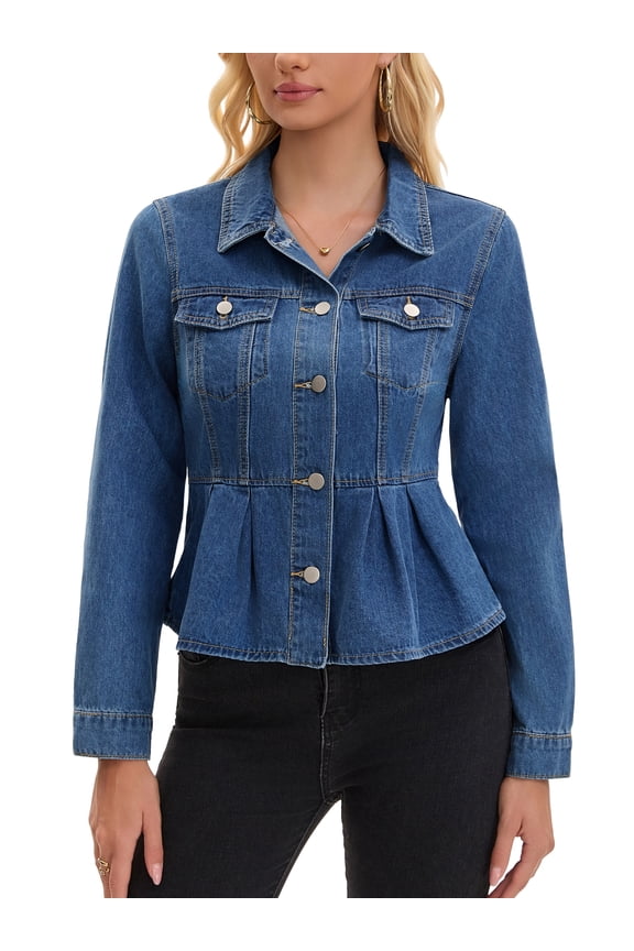 Women's Denim Jacket Button Down Collar Ruffle Hem with Pockets Peplum Jean Jackets 2XL Blue