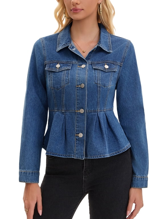 Women's Denim Jacket Button Down Ruffle Hem Peplum Jean Jacket Blue L
