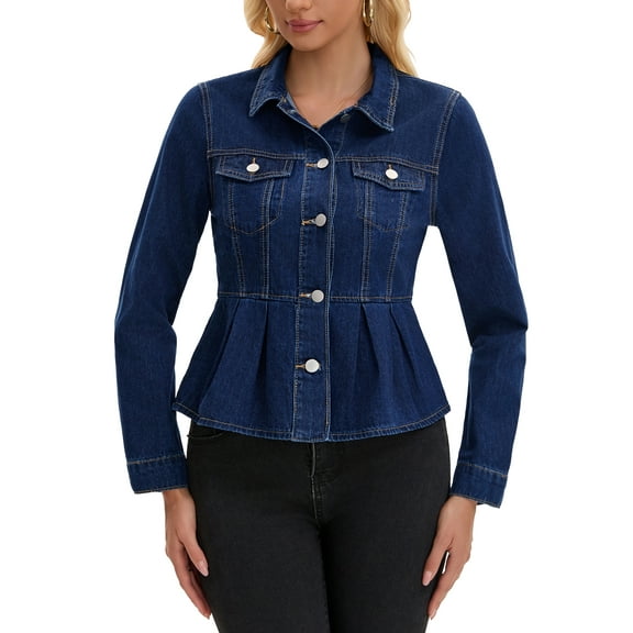 INSPIRE CHIC Women's Denim Jacket Button Down Collar Ruffle Hem with Pockets Peplum Jean Jackets L Dark Blue