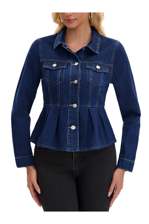 Women's Denim Jacket Button Down Collar Ruffle Hem with Pockets Peplum Jean Jackets L Dark Blue