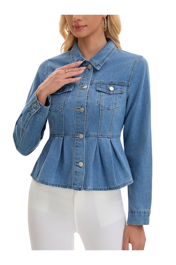 Women's Denim Jacket Button Down Collar Ruffle Hem with Pockets Peplum Jean Jackets L Light Blue