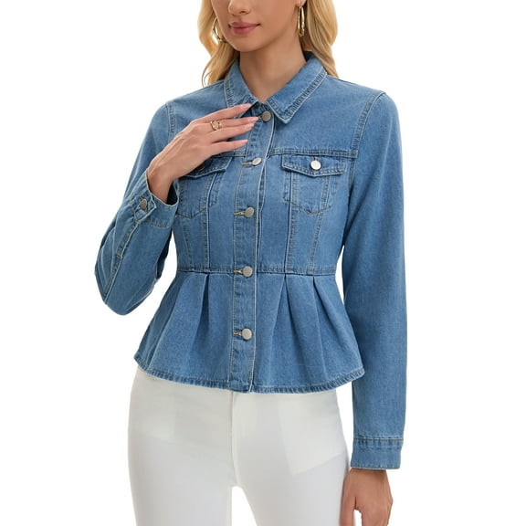 INSPIRE CHIC Women's Denim Jacket Button Down Collar Ruffle Hem with Pockets Peplum Jean Jackets M Light Blue