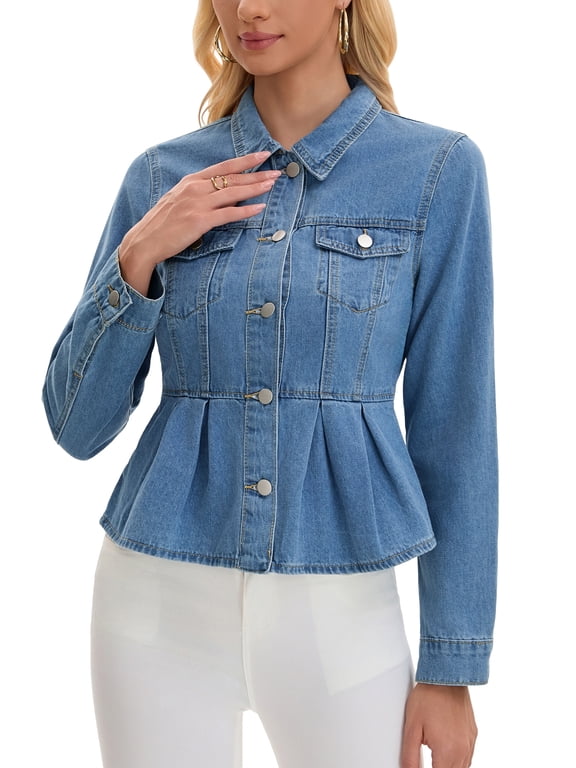 Women's Denim Jacket Button Down Ruffle Hem Peplum Jean Jacket Light Blue M