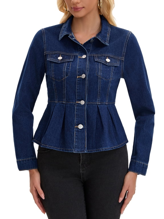 Women's Denim Jacket Button Down Ruffle Hem Peplum Jean Jacket Dark Blue S