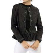 INSPIRE CHIC Women's Denim Jackets Button Down Peplum Hem Long Sleeves Cropped Jean Jacket 2XL Black