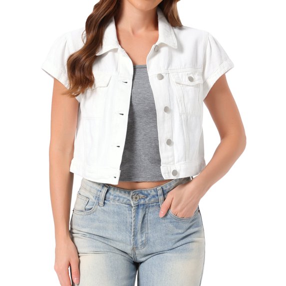 INSPIRE CHIC Women's Denim Jacket Cap Sleeve Cropped Button Down with Pockets Classic Jean Jackets 2XL White