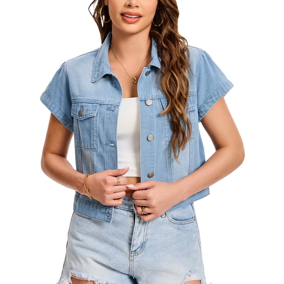 INSPIRE CHIC Women's Denim Jacket Cap Sleeve Cropped Button Down with Pockets Classic Jean Jackets L Light Blue
