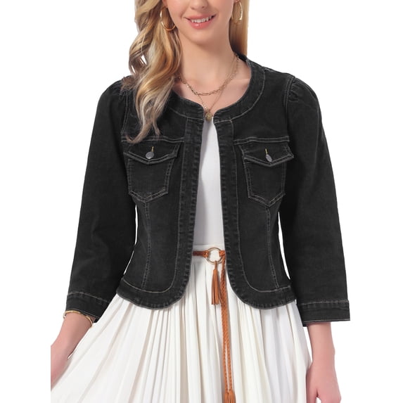 INSPIRE CHIC Women's Denim Jacket Collarless 2026 Cardigan Long Sleeve Jean Jackets 2XL Black