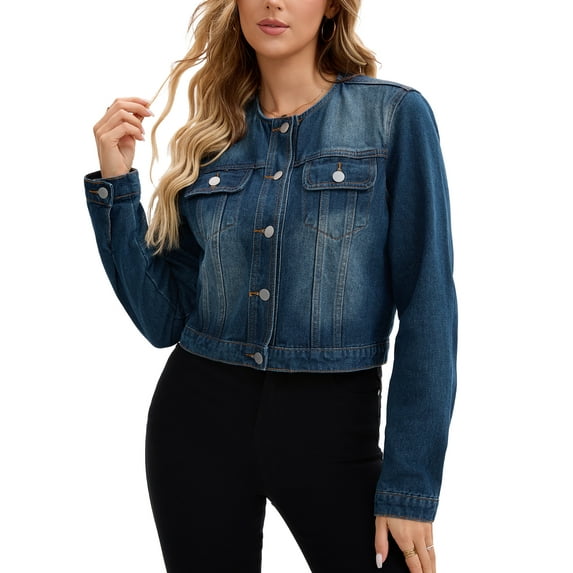 INSPIRE CHIC Women's Jacket Denim Collarless Button Down Western Long Sleeve Jean Cropped Jackets 2XL Dark Blue