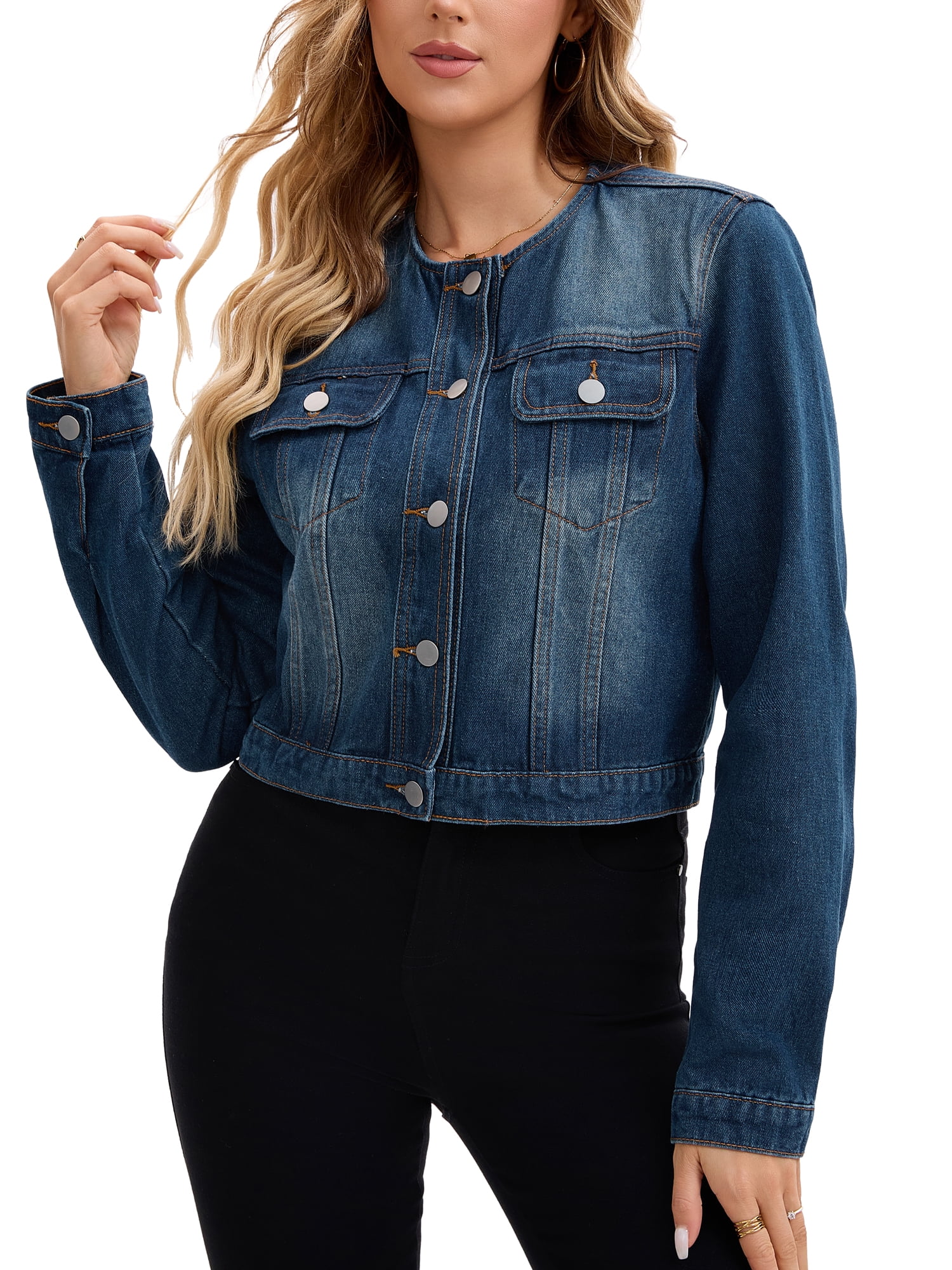 INSPIRE CHIC Women's Jacket Denim Collarless Button Down Western Long ...