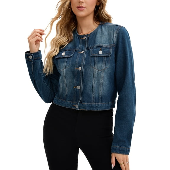 INSPIRE CHIC Women's  Jacket Denim Collarless Button Down Western Long Sleeve Jean Cropped Jackets XL Dark Blue