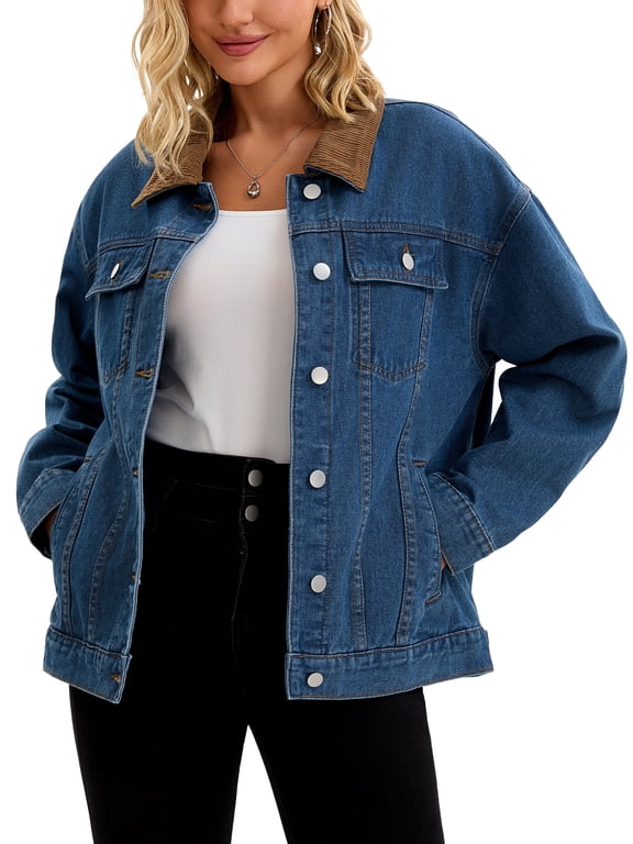 Women's Coat Denim Corduroy Collar Long Sleeves Button Down Western Shacket Jean Jackets 2XL Dark Blue