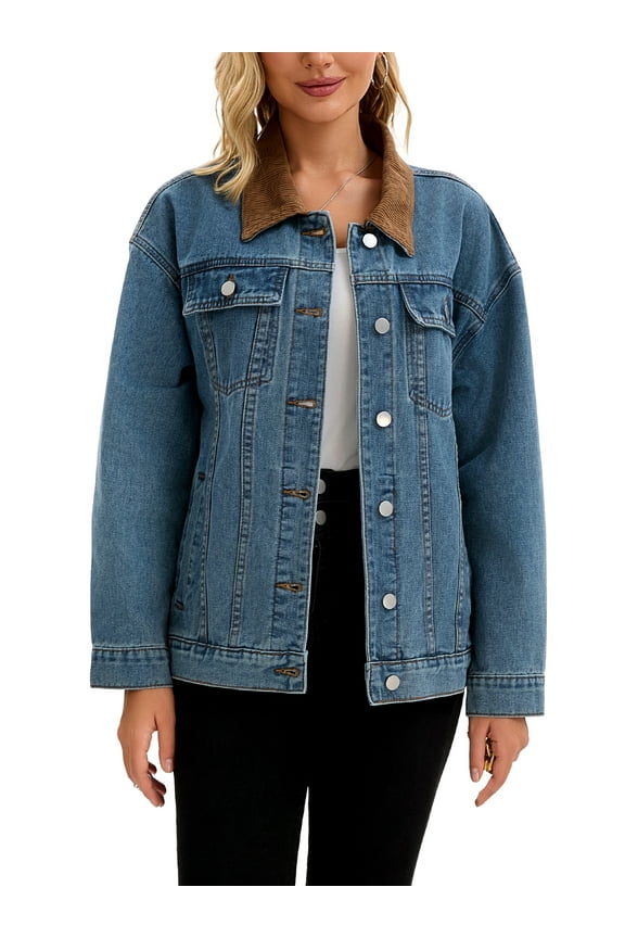Women's Coat Denim Corduroy Collar Long Sleeves Button Down Western Shacket Jean Jackets 2XL Gray Blue