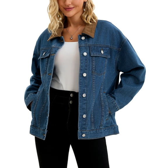 INSPIRE CHIC Women's Coat Denim Corduroy Collar Long Sleeves Button Down Western Shacket Jean Jackets S Dark Blue