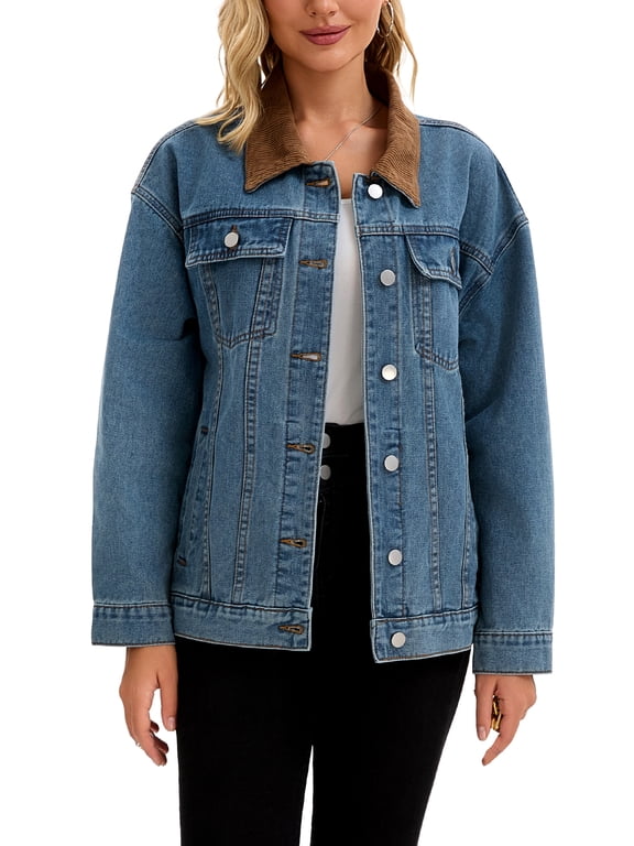 Women's Coat Denim Corduroy Collar Long Sleeves Button Down Western Shacket Jean Jackets XL Gray Blue