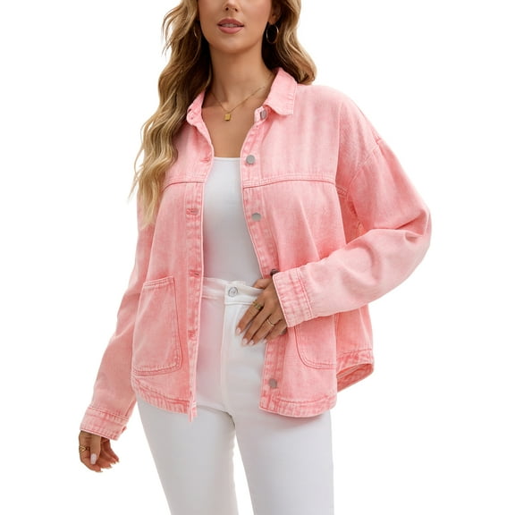 INSPIRE CHIC Women's Coat Denim Flat Collar Long Sleeve Button Down Casual Shacket with Pockets 2XL Pink