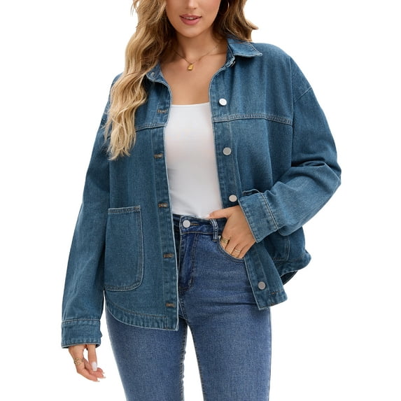 INSPIRE CHIC Women's Coat Denim Flat Collar Long Sleeve Button Down Casual Shacket with Pockets L Dark Blue