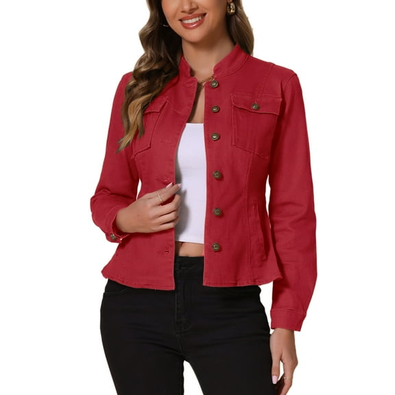 INSPIRE CHIC Women's Denim Jacket Stand Collar Long Sleeves Flap Pockets Jean Jacket L Red