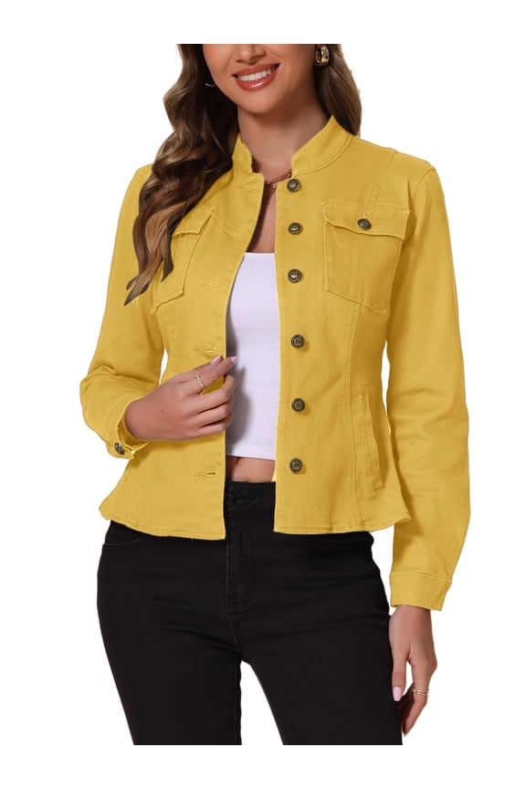 Women's Denim Jackets Stand Collar Long Sleeves Short Jean Jackets Yellow XL