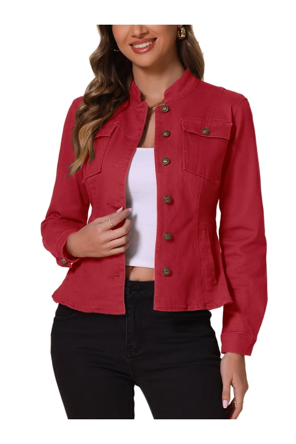 Women's Denim Jacket Stand Collar Long Sleeves Flap Pockets Jean Jacket XS Red