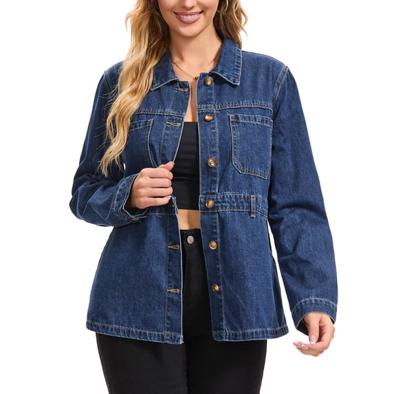 INSPIRE CHIC Women's Denim Jackets Distressed Button Down Long Sleeve Jean Jacket Trendy with Pockets M Dark Blue