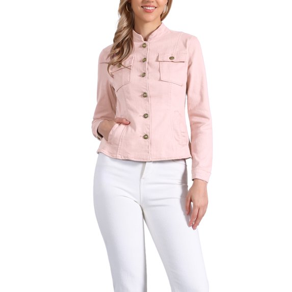 INSPIRE CHIC Women's Denim Jackets Stand Collar Long Sleeves Short Jean Jackets Light Pink S