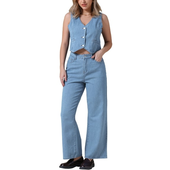 INSPIRE CHIC Women's Denim Jean Vest Top and Jeans Denim Set 2 Piece Outfits XL Light Blue