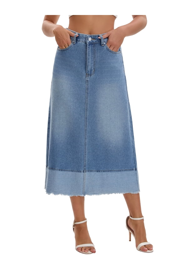 Women's Denim Maxi Skirt High Waist 2025 Spring A Line Panel Hem Long Jean Skirts 2XL Light Blue