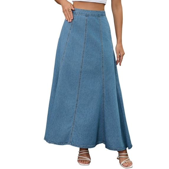 INSPIRE CHIC Women's Denim Maxi Skirts High Waisted Western Outfits Flared Long Jean Skirt L Blue