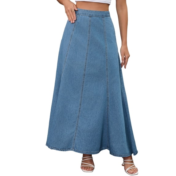 INSPIRE CHIC Women's Denim Maxi Skirts High Waisted Western Outfits Flared Long Jean Skirt M Blue