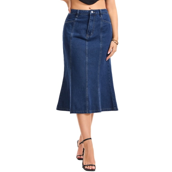 INSPIRE CHIC Women's Denim Midi Skirt High Waist Fishtail Hem Flared Jean Skirt Dark Blue L