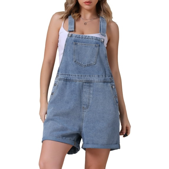 INSPIRE CHIC Women's Denim Overall Casual Outfits Adjustable Strap Romper Jean Shorts L Mid Blue
