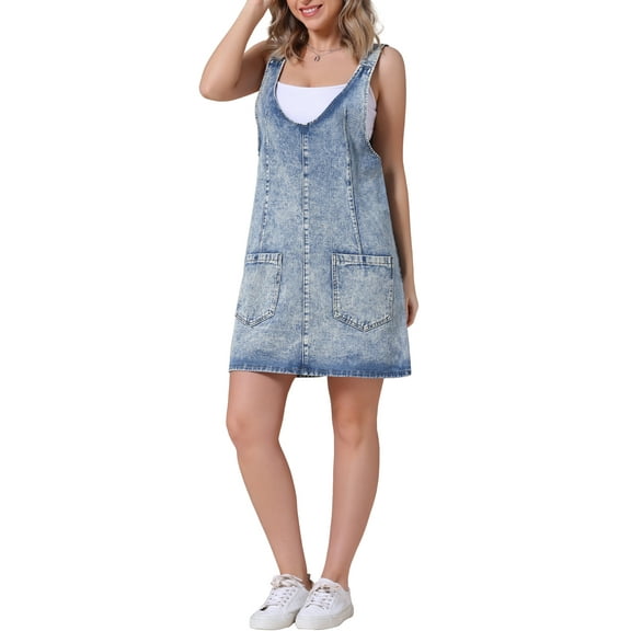INSPIRE CHIC Women's Dress Denim Overalls Loose Casual Sleeveless Pinafore Mini Dresses S Light Blue