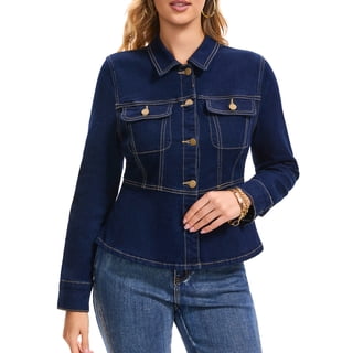 INSPIRE CHIC Women's Denim Peplum Jacket Casual Button Down Long Sleeve with Pockets Stretchy Ruffle Jean Jackets L Black Blue