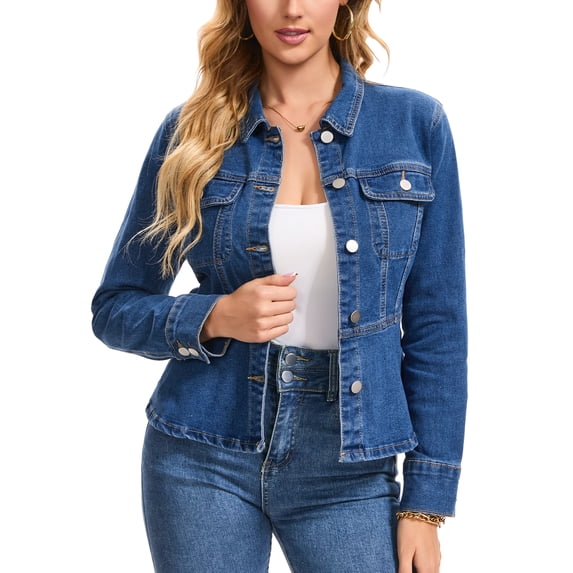 INSPIRE CHIC Women's Denim Peplum Jacket Casual Button Down Long Sleeve with Pockets Stretchy Ruffle Jean Jackets M Blue