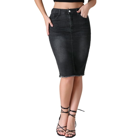 INSPIRE CHIC Women's Jean Skirts Raw Hem High Waisted Pockets Stretch Mid Length Denim Skirts L Black