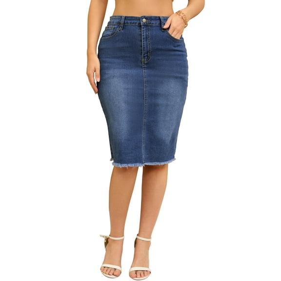 INSPIRE CHIC Women's Jean Skirts Raw Hem High Waisted Pockets Stretch Mid Length Denim Skirts L Blue