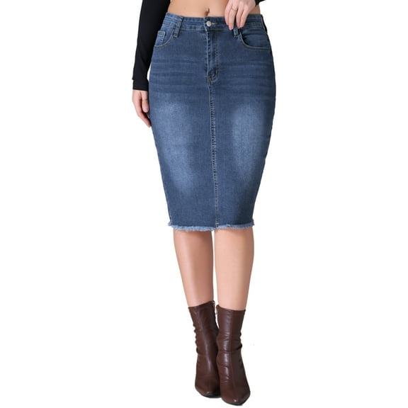 INSPIRE CHIC Women's Jean Skirts Raw Hem High Waisted Pockets Stretch Mid Length Denim Skirts L Dark Blue