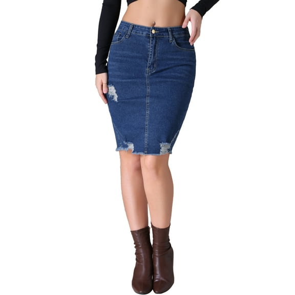 INSPIRE CHIC Women's Denim Ripped Raw Hem High Waisted Stretch Above the Knee Jean Skirts M Dark Blue